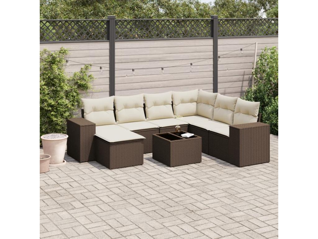 Salon de jardin 8 pièces avec coussins marron résine tressée OFXY75140