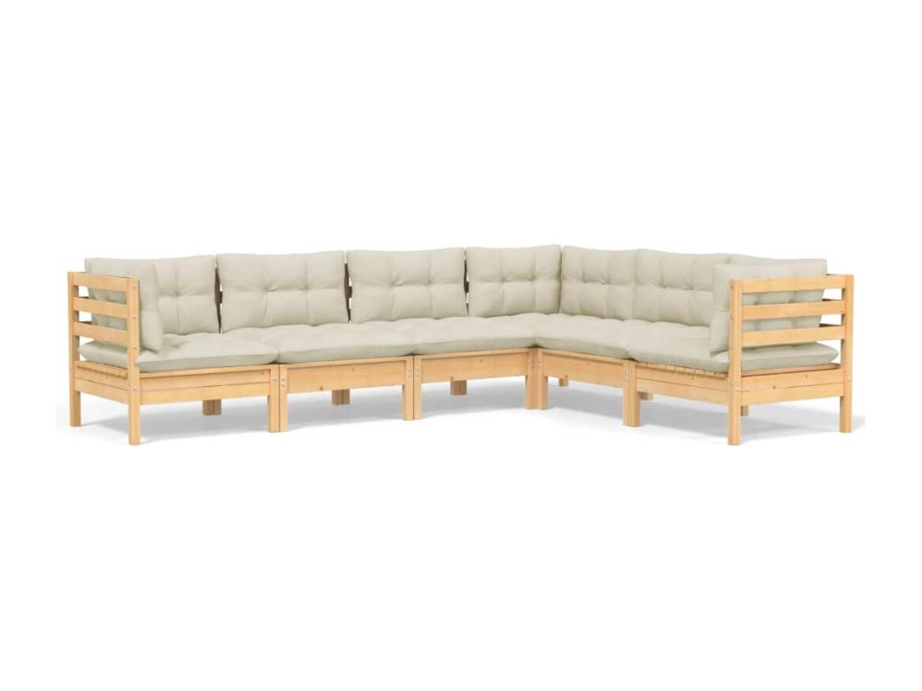 Salon de jardin 6 pcs avec coussins crème Bois de pin massif THTI46848