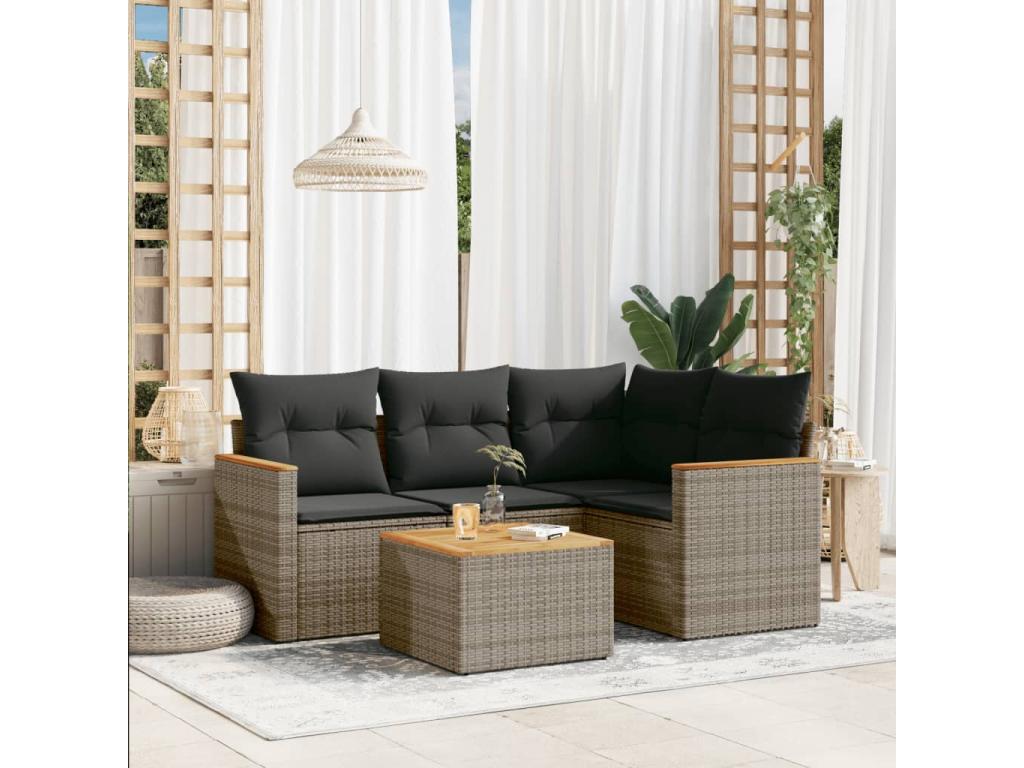 Salon de jardin 5 pcs avec coussins gris résine tressée AFLP64990