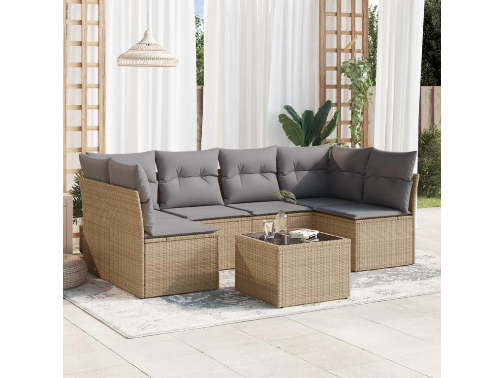 Salon de jardin avec coussins 7 pcs beige résine tressée MFAR74591