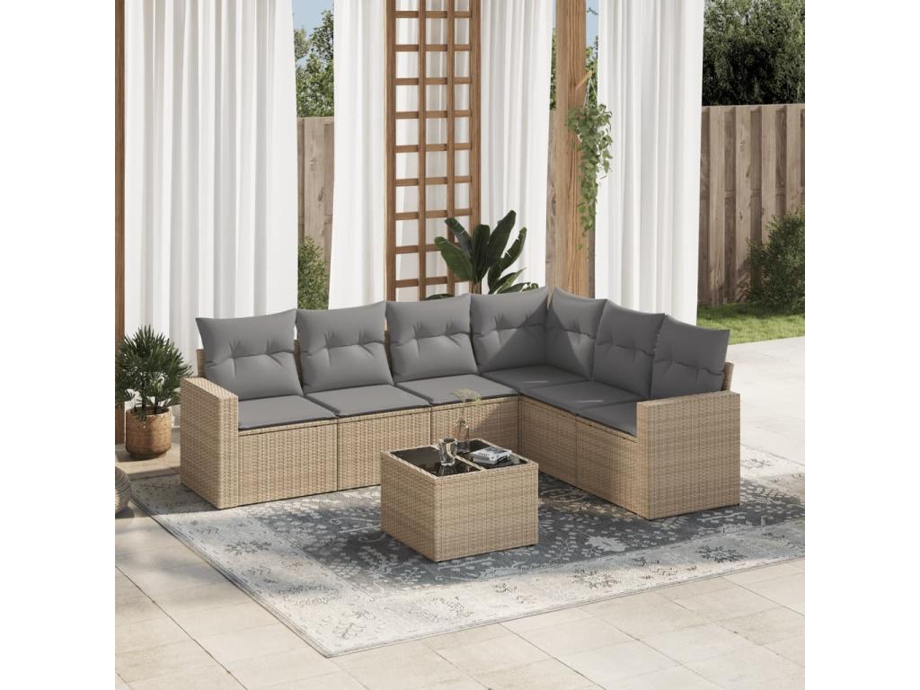 Salon de jardin avec coussins 7 pcs beige résine tressée BPME04194
