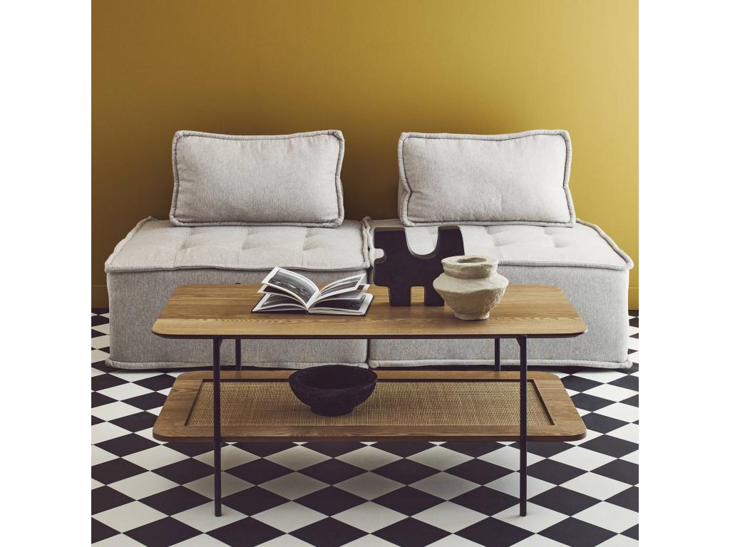 Table basse vintage 110 cm coloris naturel- double plateaux effet bois et cannage- piètement et structure en métal noir TNJR22750