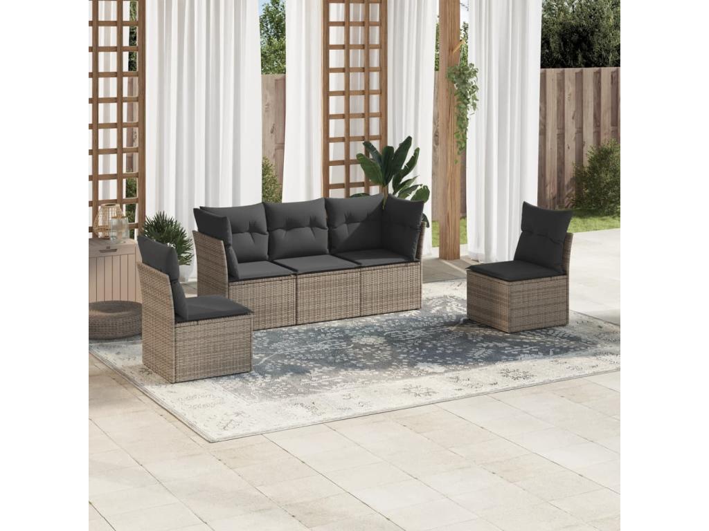 Salon de jardin 5 pièces avec coussins gris résine tressée CJEE80029