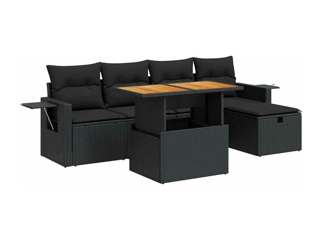 Salon de jardin 6 pcs avec coussins noir résine tressée Dekonao JSDW53557