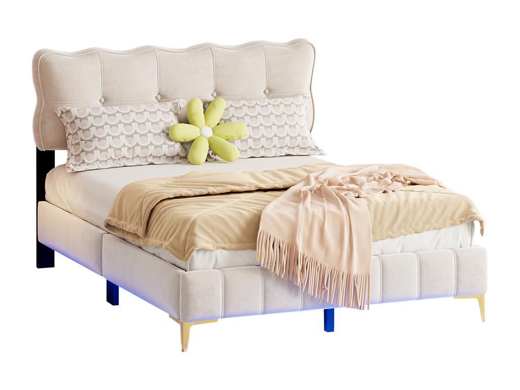 Lit double rembourré 140x200 cm beige tissu velours avec éclairage LED cadre à Dekonao et pieds hauts en métal matelas non inclus TLZH76286