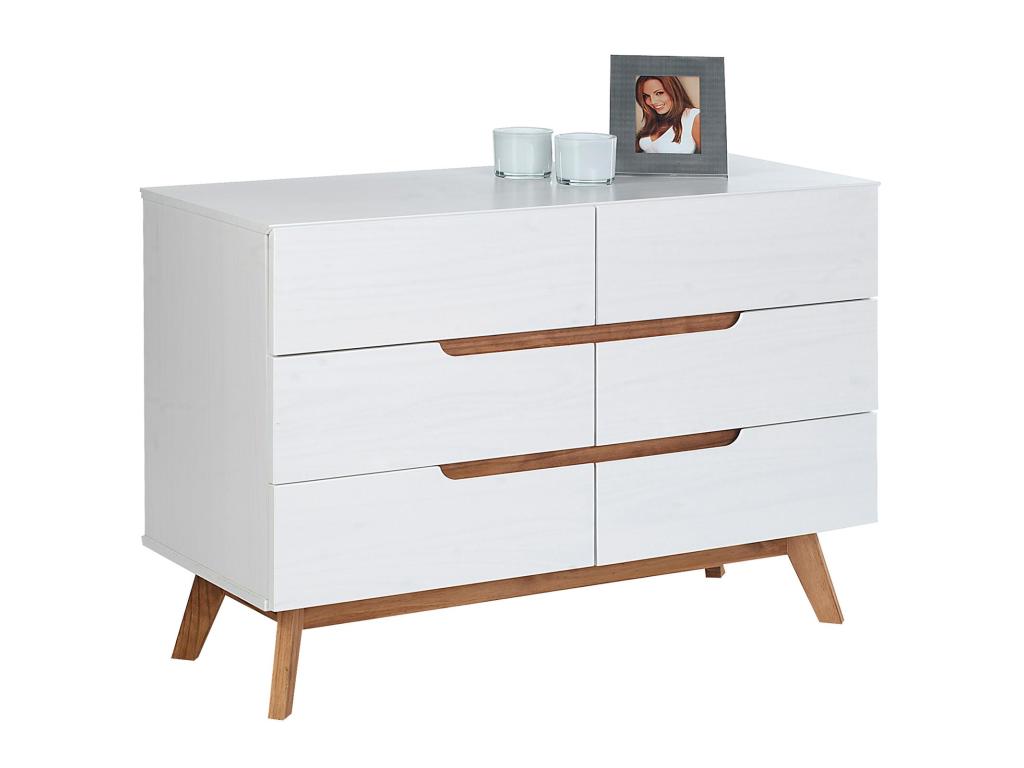 Commode chambre Dekonao L 98 cm en bois massif blanc avec 6 tiroirs meuble de rangement à vêtements pour chambre DYDN42045