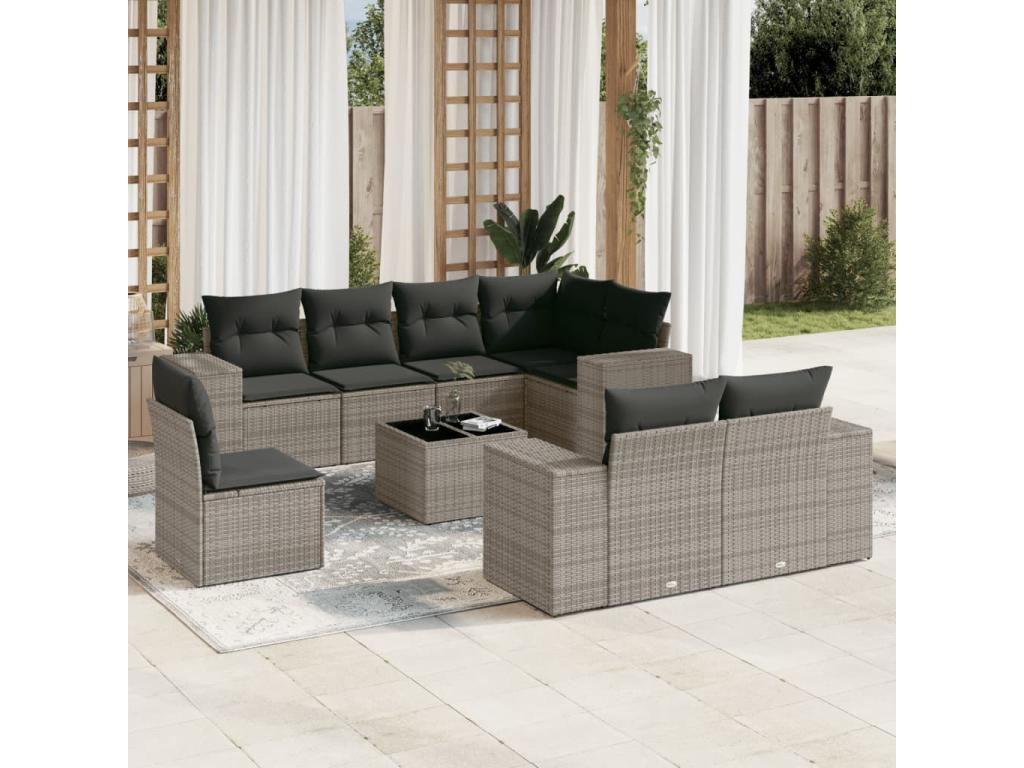 Salon de jardin 9 pièces avec coussins gris résine tressée HXZE00109