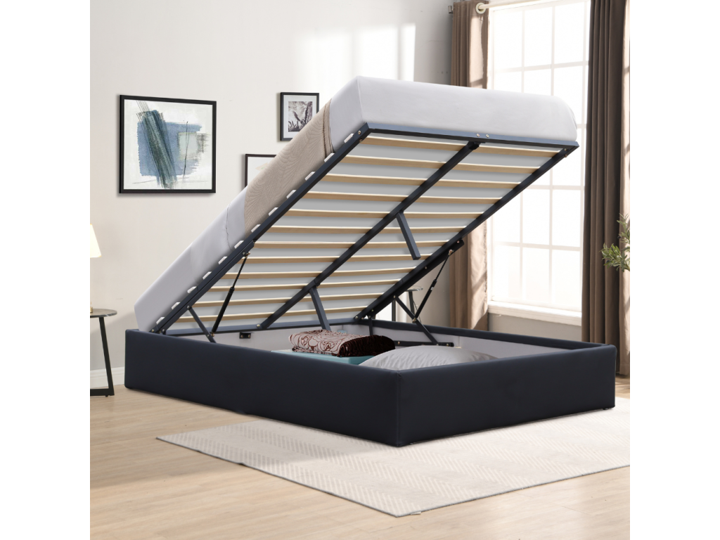 Lit Coffre dehoussable noir 90x190 cm avec Pieds et 12 Dekonao - Montage Rapide et Facile - Revêtement PVC Simili Entretien Facile PGSA67079