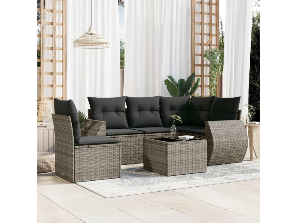 Salon de jardin 6 pcs avec coussins gris résine tressée OMBH31561