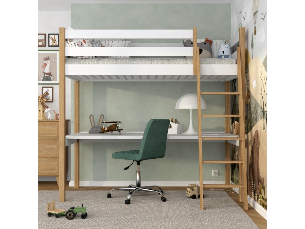 Lit mezzanine en bois - avec bureau N03 Blanc / Chêne Naturel 120x180 TWRU49431