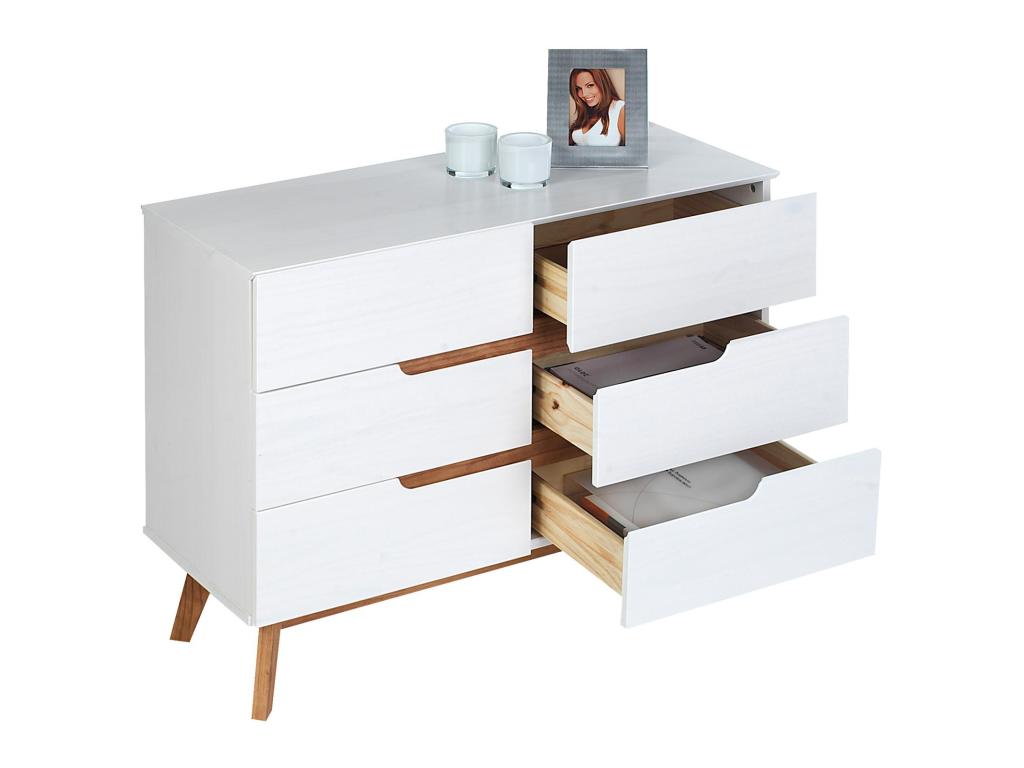 Commode chambre Dekonao L 98 cm en bois massif blanc avec 6 tiroirs meuble de rangement à vêtements pour chambre DYDN42045