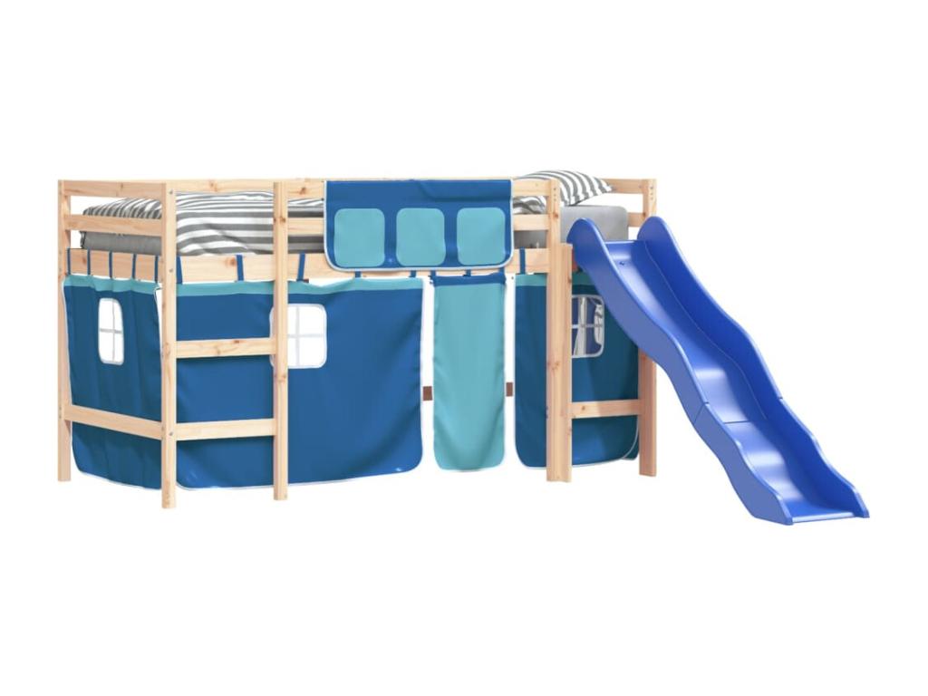 Lit mezzanine enfants et rideaux bleu 80x200cm bois pin massif ZMCG65171