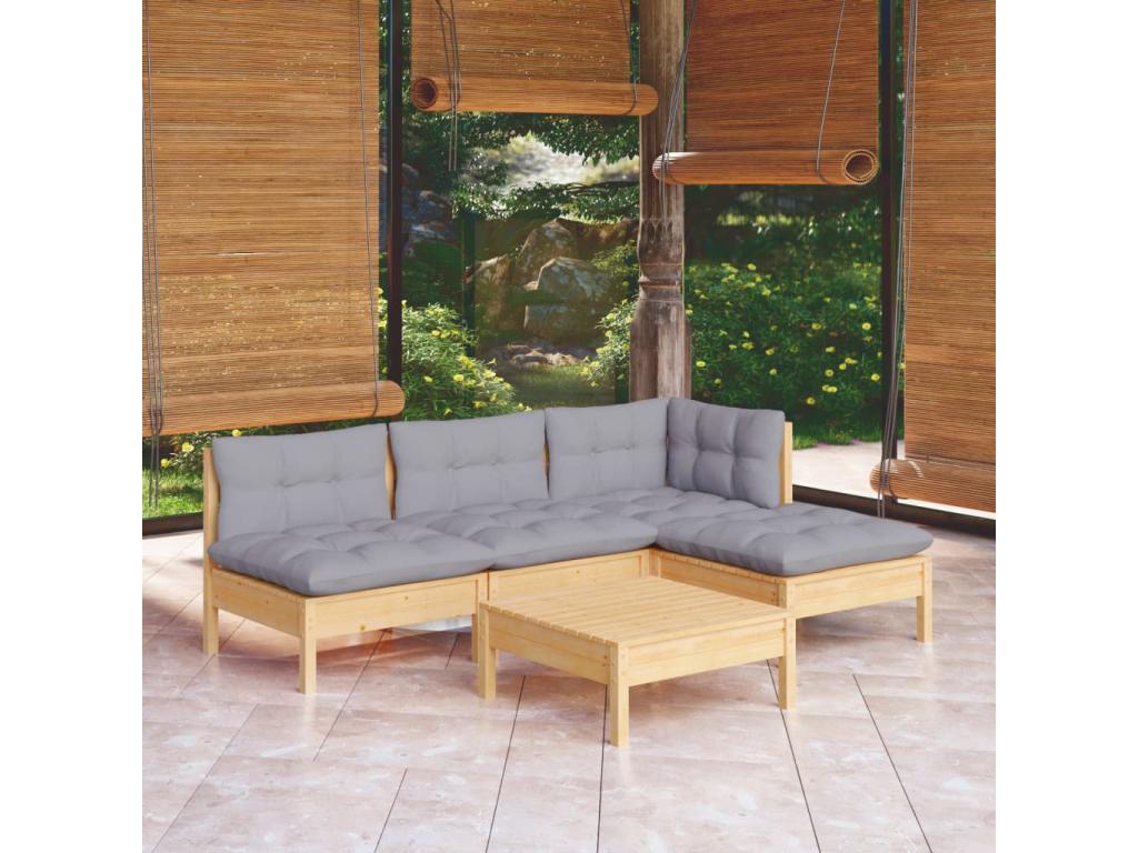 Salon de jardin 5 pcs avec coussins gris bois de pin GHKS64418