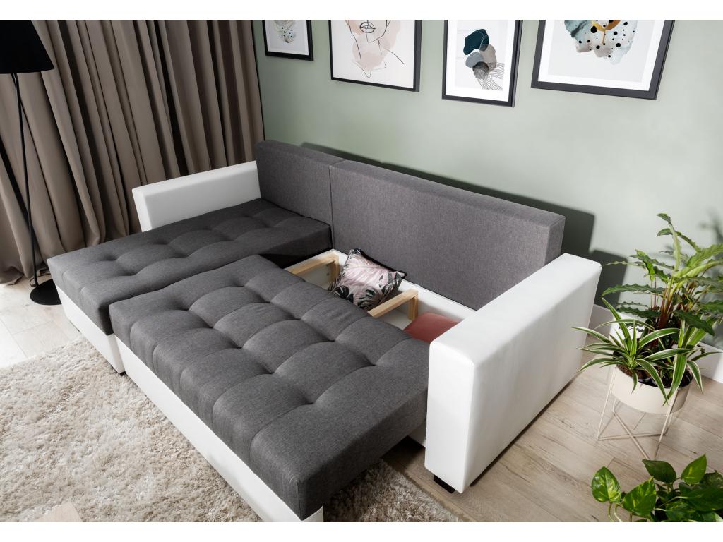 Canapé d'angle convertible et réversible tissu gris foncé et simili cuir blanc Ligniva 237cm NOSM50339