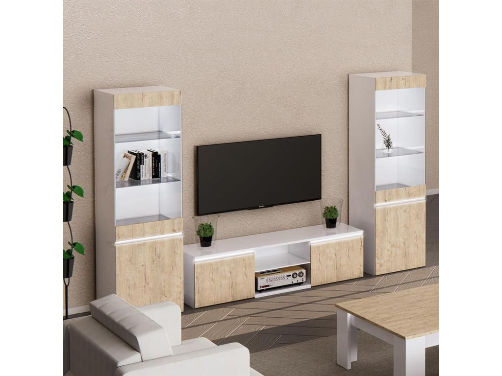 Dekonao - Ensemble Salon meuble TV Laqué Blanc Brillant Aspect Bois RTJB43538