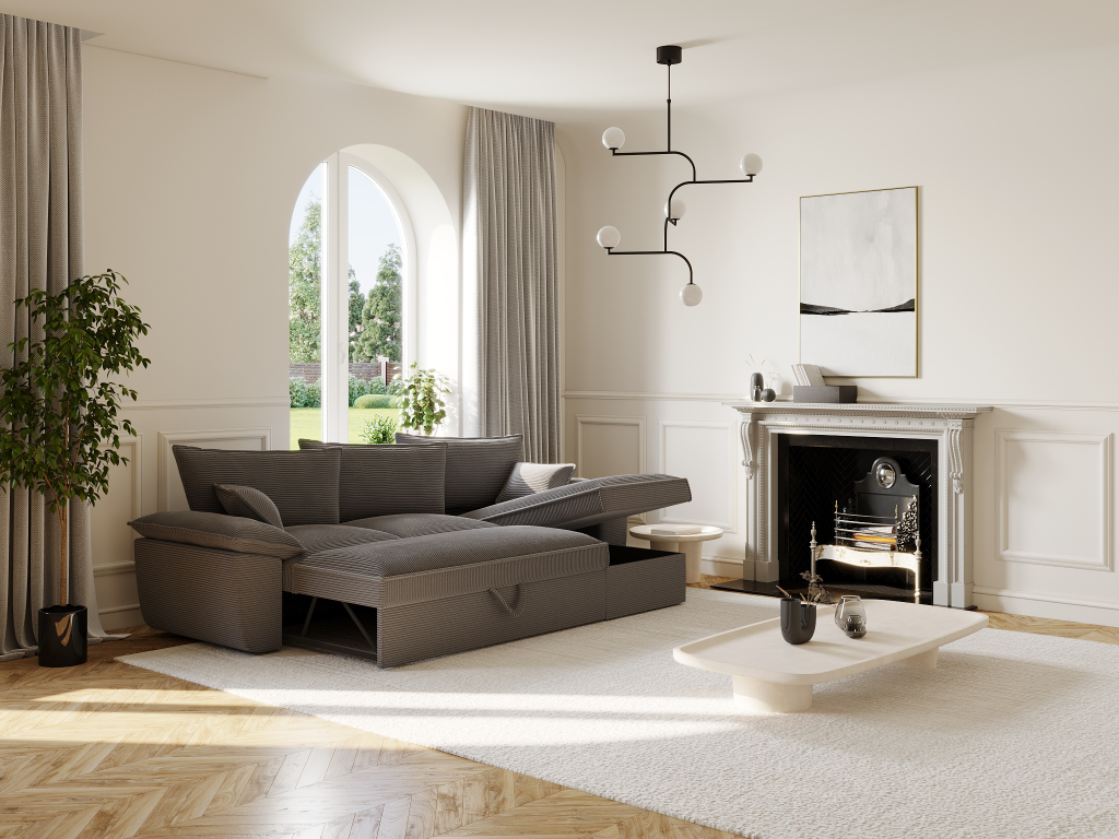 Canapé d'angle droit convertible en velours gris foncé avec coffre de rangement Dekonao II DDZG13825