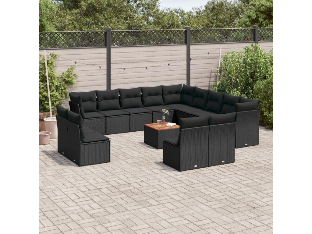 Salon de jardin avec coussins 14 pcs noir résine tressée OOVA23698