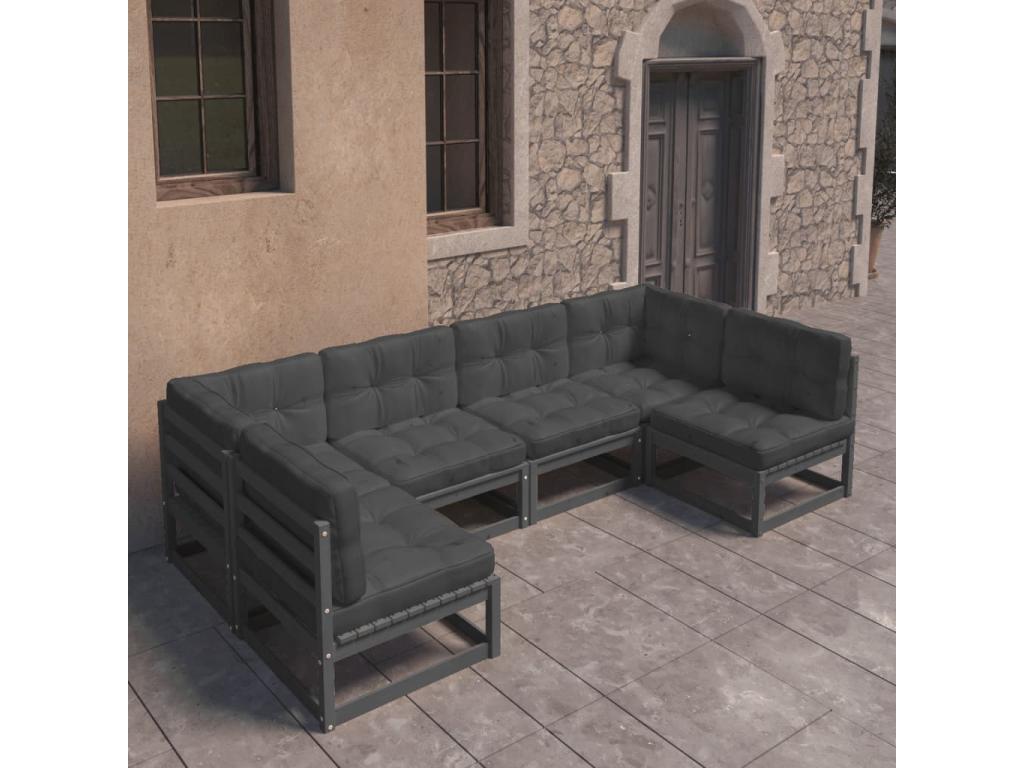 Salon de jardin 6 pièces avec coussins Noir Bois de pin massif QLYA01152