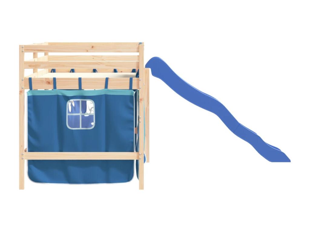 Lit mezzanine enfants et rideaux bleu 80x200cm bois pin massif ZMCG65171