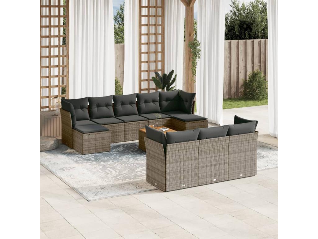 Salon de jardin 11 pcs avec coussins gris résine tressée MLOF86024