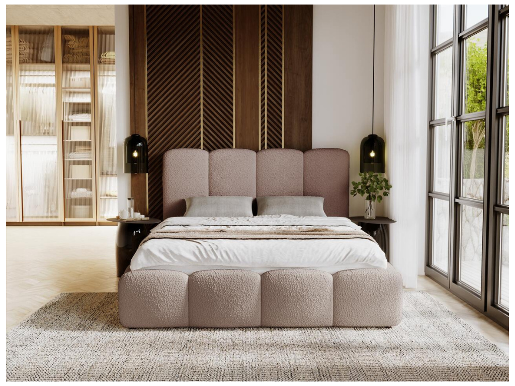 Lit rembourré avec rangement - 120x200 - lit double - bouclé - marron - Dekonao QWDU62963