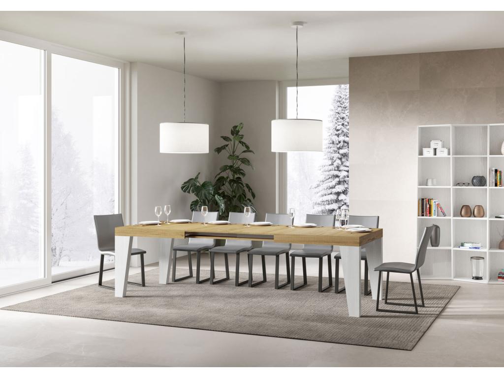 Table extensible 90x160/420 cm Naxy Mix dessus Chêne Nature pieds Frêne Blanc APHK63353