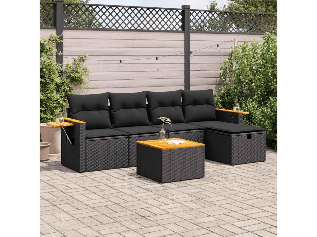 Salon de jardin 6 pièces avec coussins noir résine tressée GWRT97260
