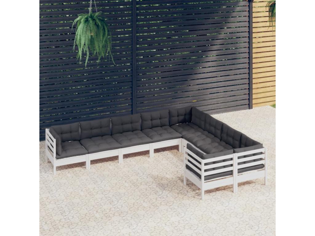 Salon de jardin 9 pièces avec coussins blanc bois de pin DNYL82640