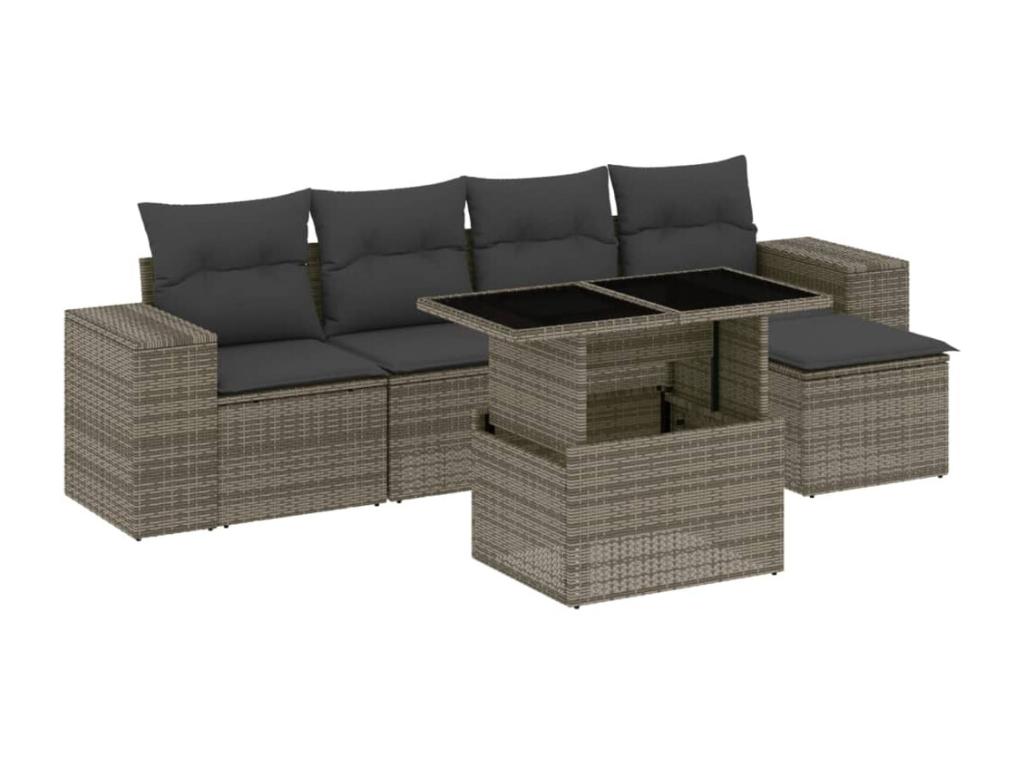 Salon de jardin 6 pcs avec coussins gris résine tressée QWLS50845