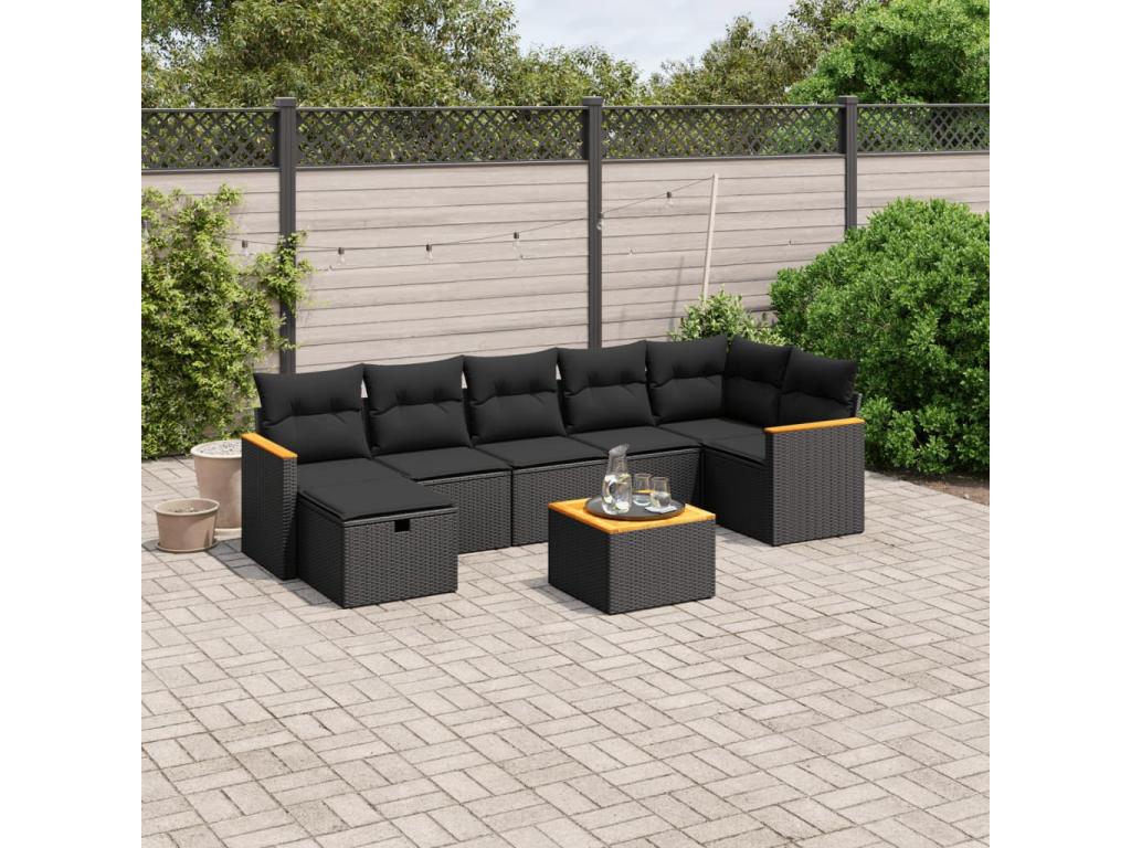 Salon de jardin 8 pcs avec coussins noir résine tressée VSIC07385