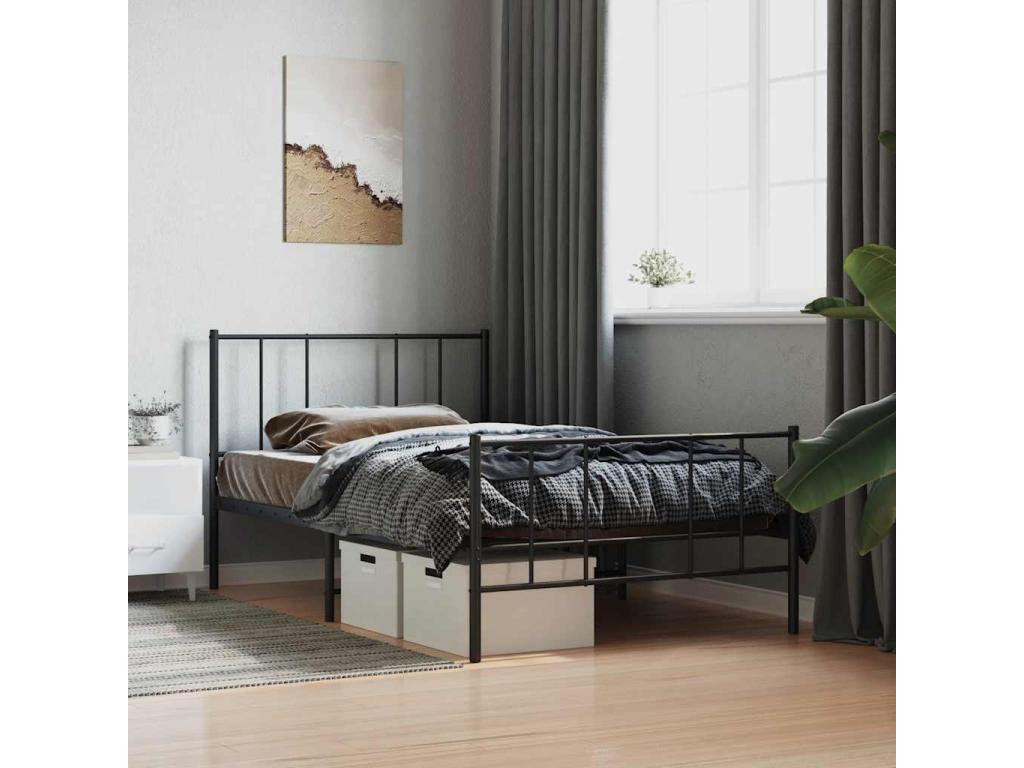 Cadre de lit métal sans matelas avec pied de lit noir 100x190cm IAQS31294