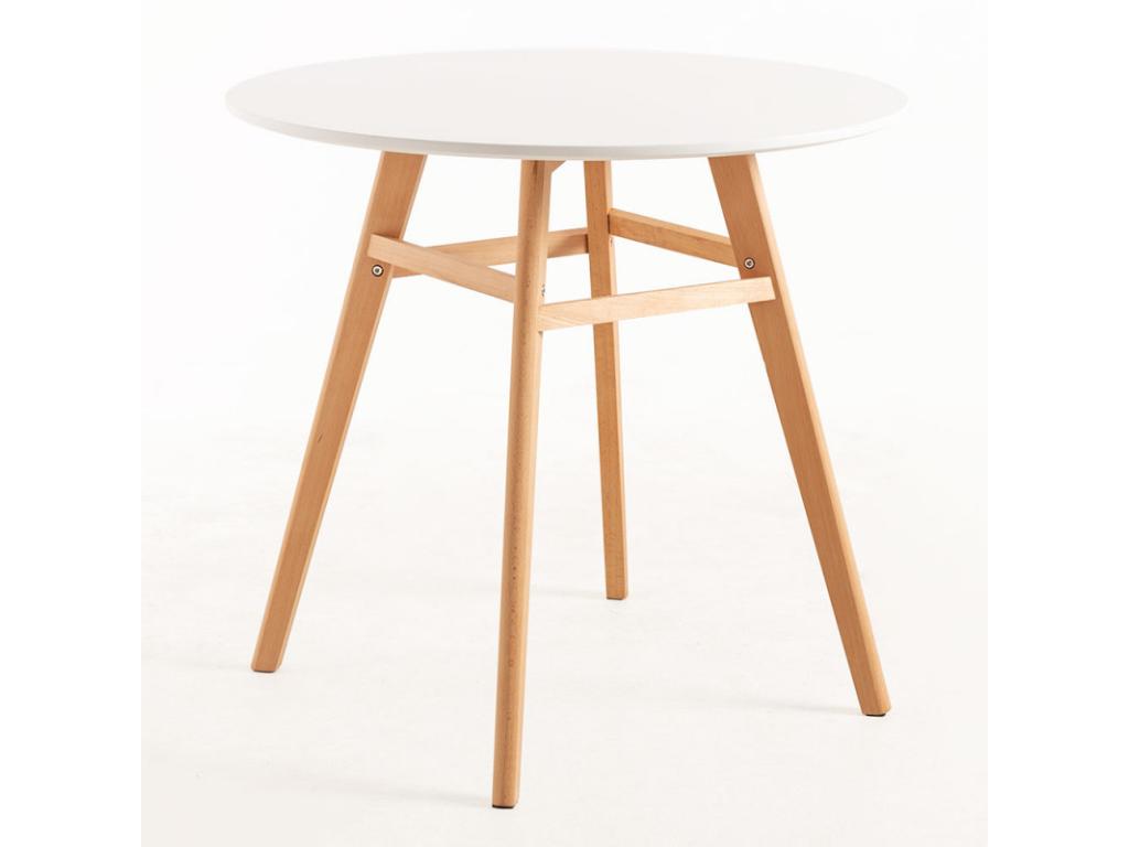 Table ronde 90cm scandinave blanche et pieds bois naturel Ligniva AUGJ10841
