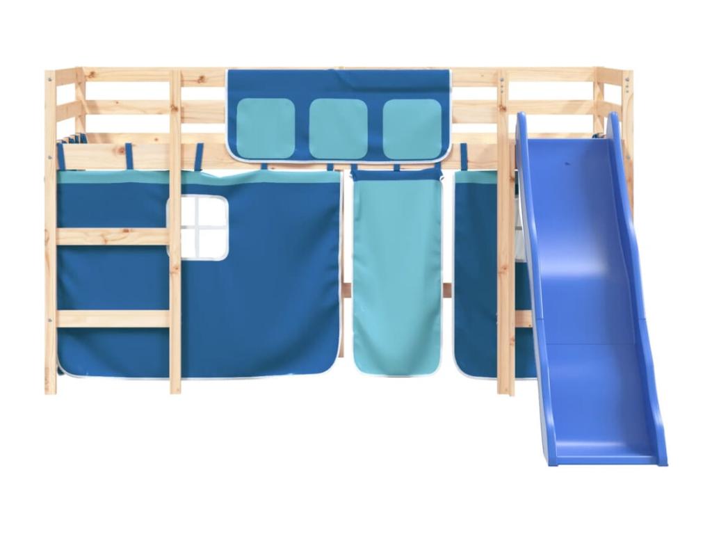 Lit mezzanine enfants et rideaux bleu 80x200cm bois pin massif ZMCG65171
