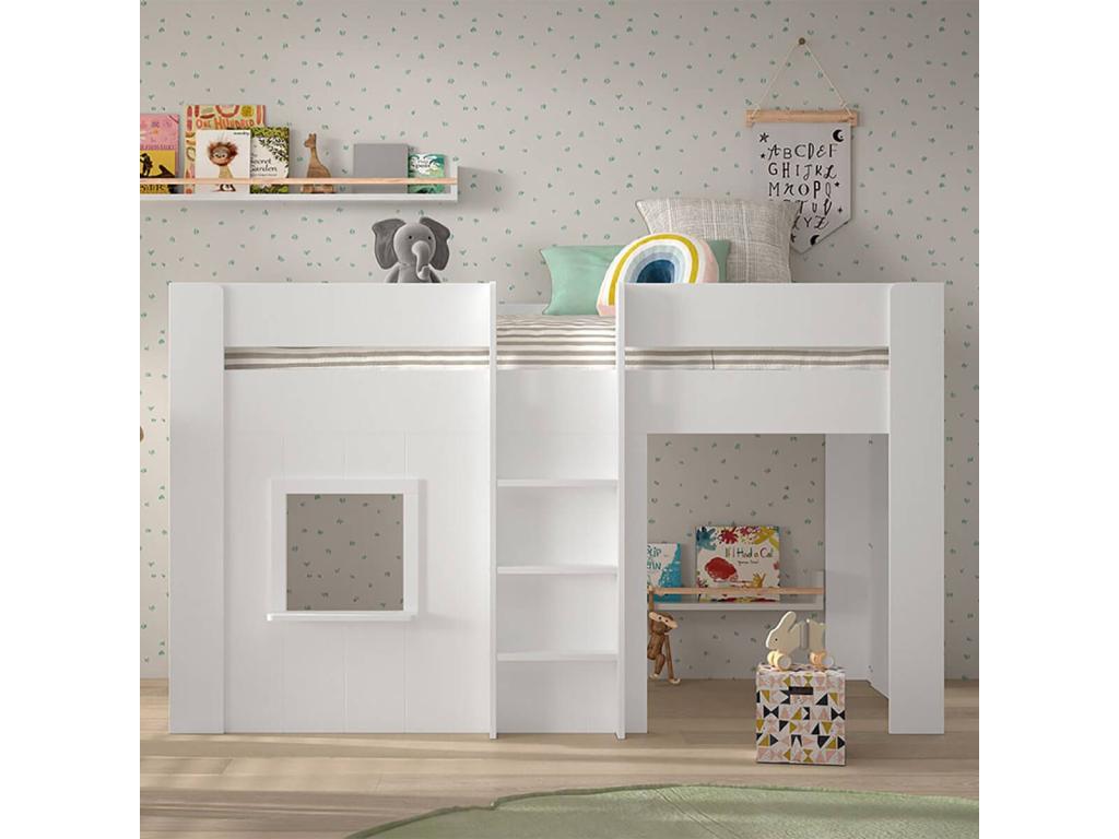 Dekonao - Lit Mi-Hauteur à Fenêtres 90x200cm en MDF Laqué Blanc RMIJ39676