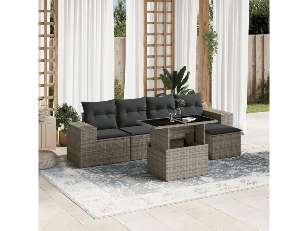Salon de jardin 6 pcs avec coussins gris résine tressée QWLS50845