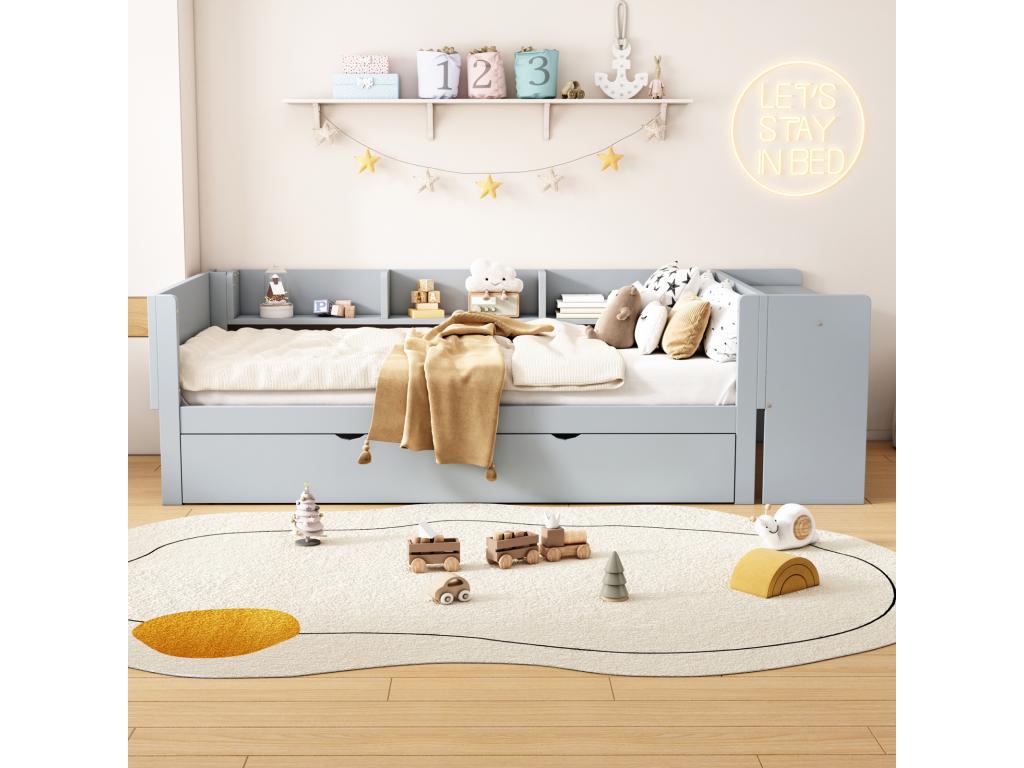 Lit gigogne 90x200cm 90x180cm avec petit bureau trois étagères sur le côté du lit gris CWHS82611