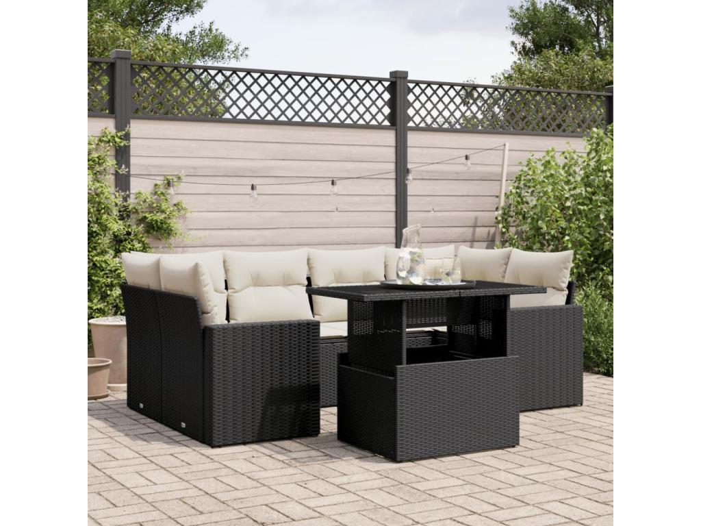 Salon de jardin 7 pcs avec coussins noir résine tressée XCWT56346