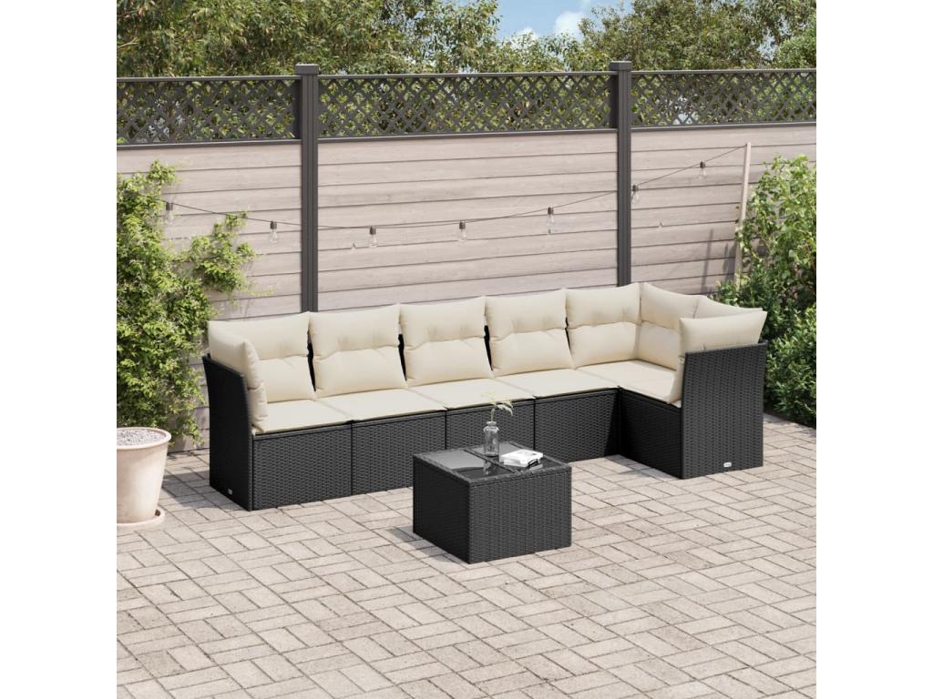 Salon de jardin 7 pcs avec coussins noir résine tressée EQEX15574