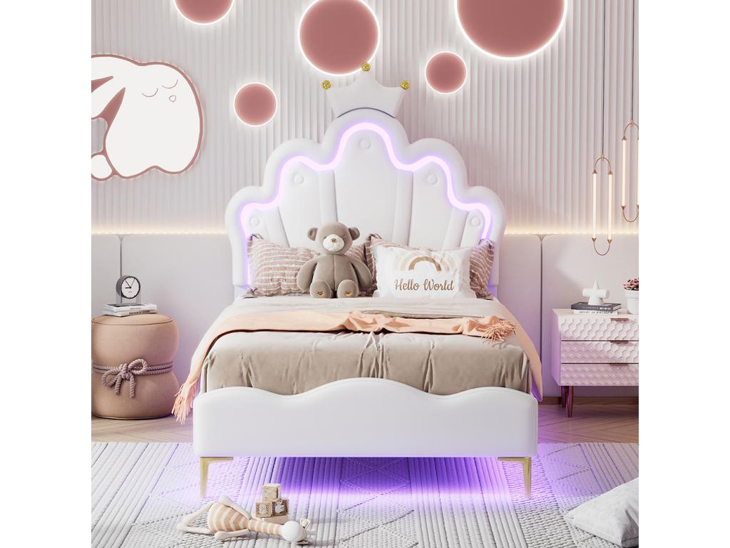 Lit enfant Lit 90x200 cm lit princesse en forme de couronne rembourrage LED réglable blanc UTNQ95011