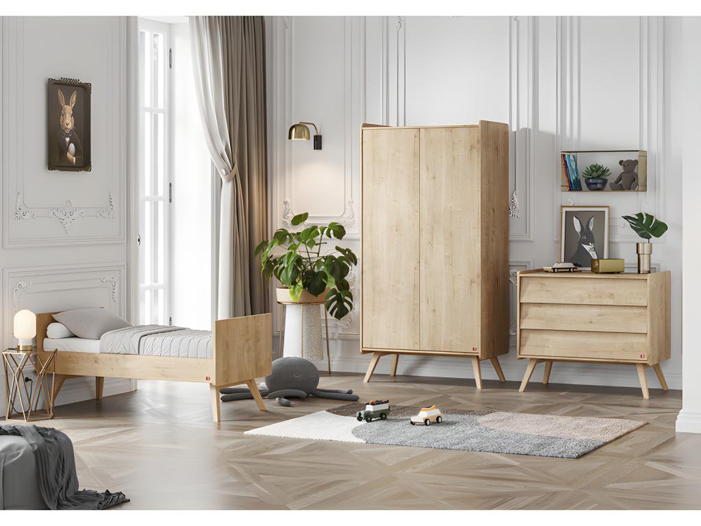Chambre complète lit bébé évolutif - commode 3 tiroirs - armoire 2 portes Vintage Bois JVIV45754