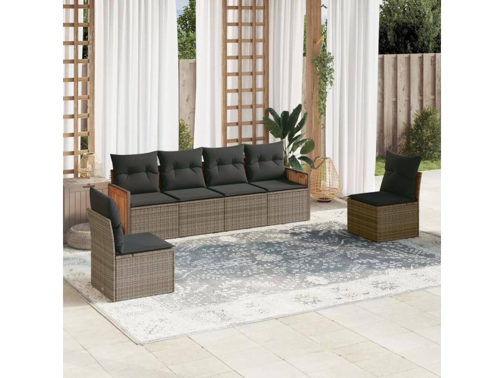 Salon de jardin 6 pcs avec coussins gris résine tressée ELWC17575