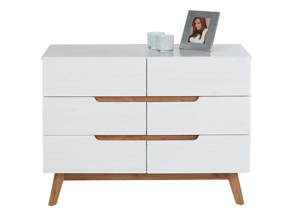 Commode chambre Dekonao L 98 cm en bois massif blanc avec 6 tiroirs meuble de rangement à vêtements pour chambre DYDN42045