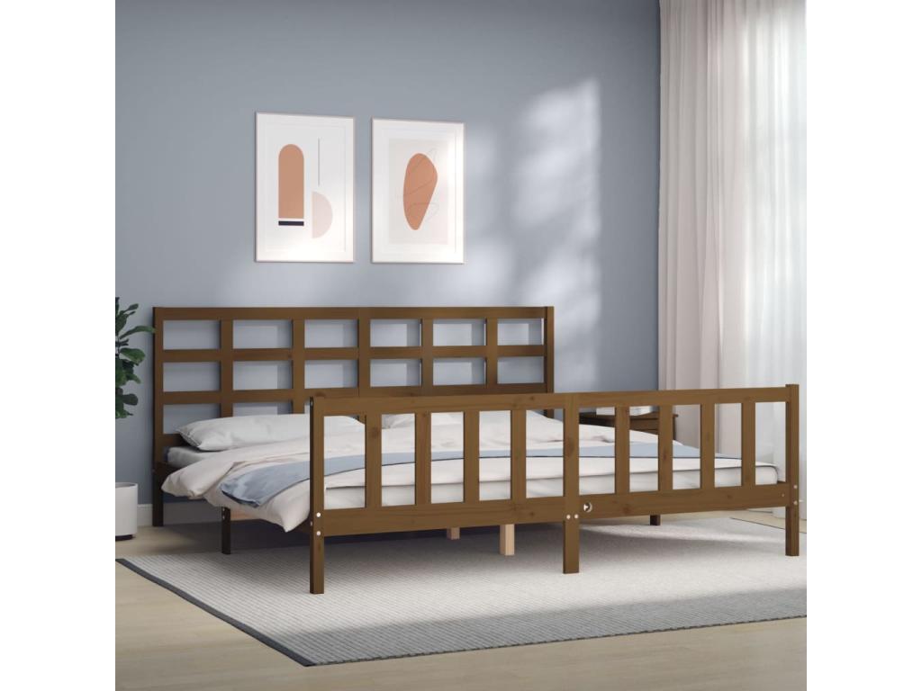 Cadre de lit avec tête de lit marron miel 200x200 bois massif BMCI15496