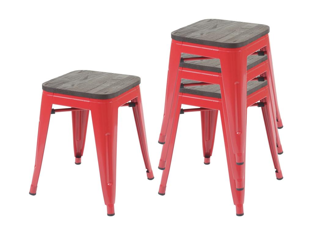 4x Tabouret Dekonao-A73 avec siège en bois métal style industriel empilable - rouge DVBR94705