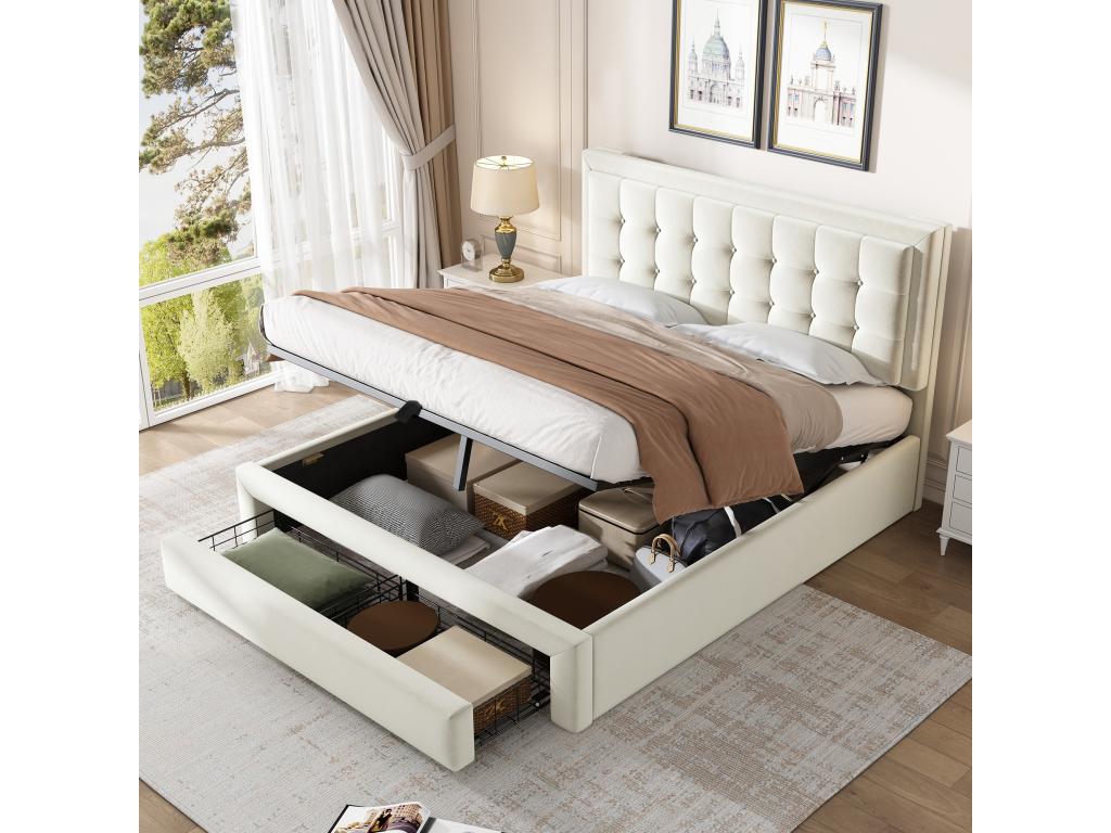 Lit coffre capitonné 140x190cm en velours - avec tiroir et sommier à Ligniva - Beige sans matelas YOZD90877