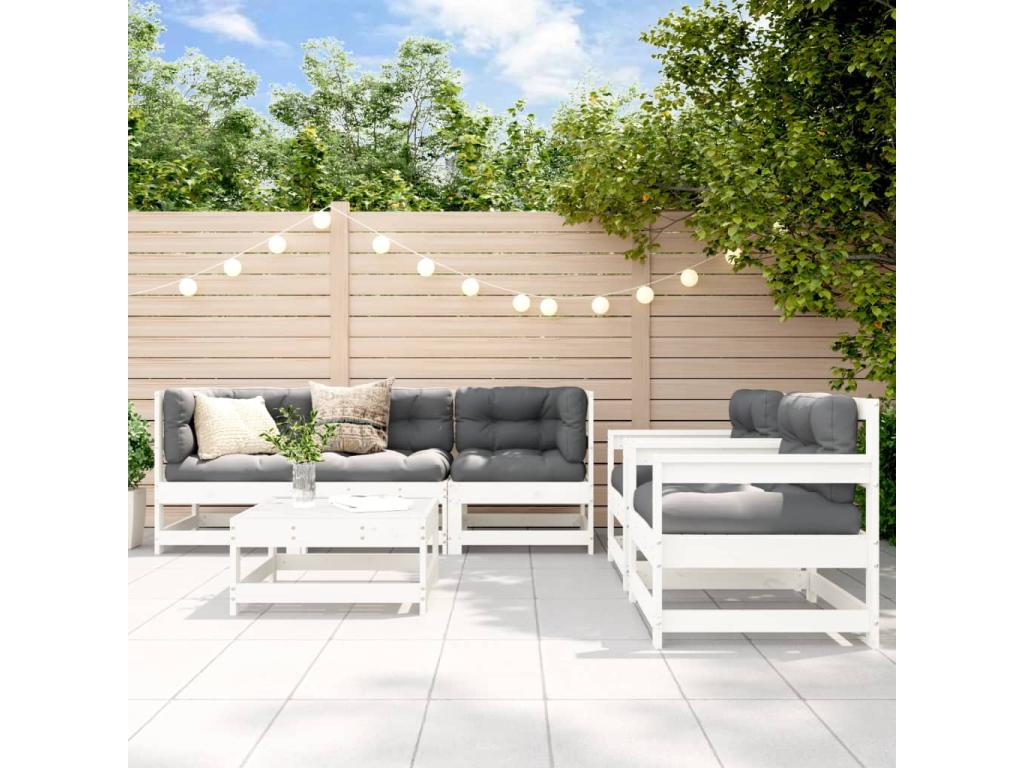 Salon de jardin 6 pcs avec coussins blanc bois massif ZZFS56330