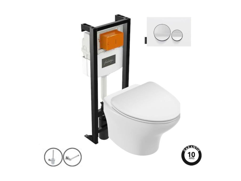 Pack WC suspendu sans mariée Nobellea Nouvelle vague bâti-support plaque Blanc brillant/Blanc mat accessoires ZQKH98820