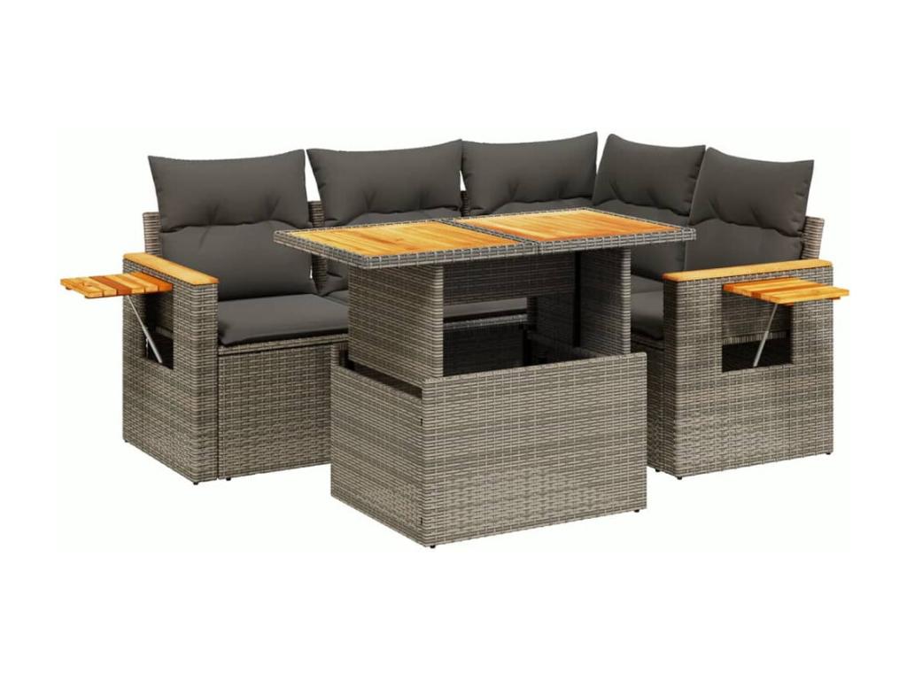 Salon de jardin 5 pcs avec coussins gris résine tressée OEPK09704