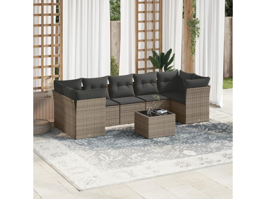 Salon de jardin 8 pièces avec coussins gris résine tressée BFRU28465