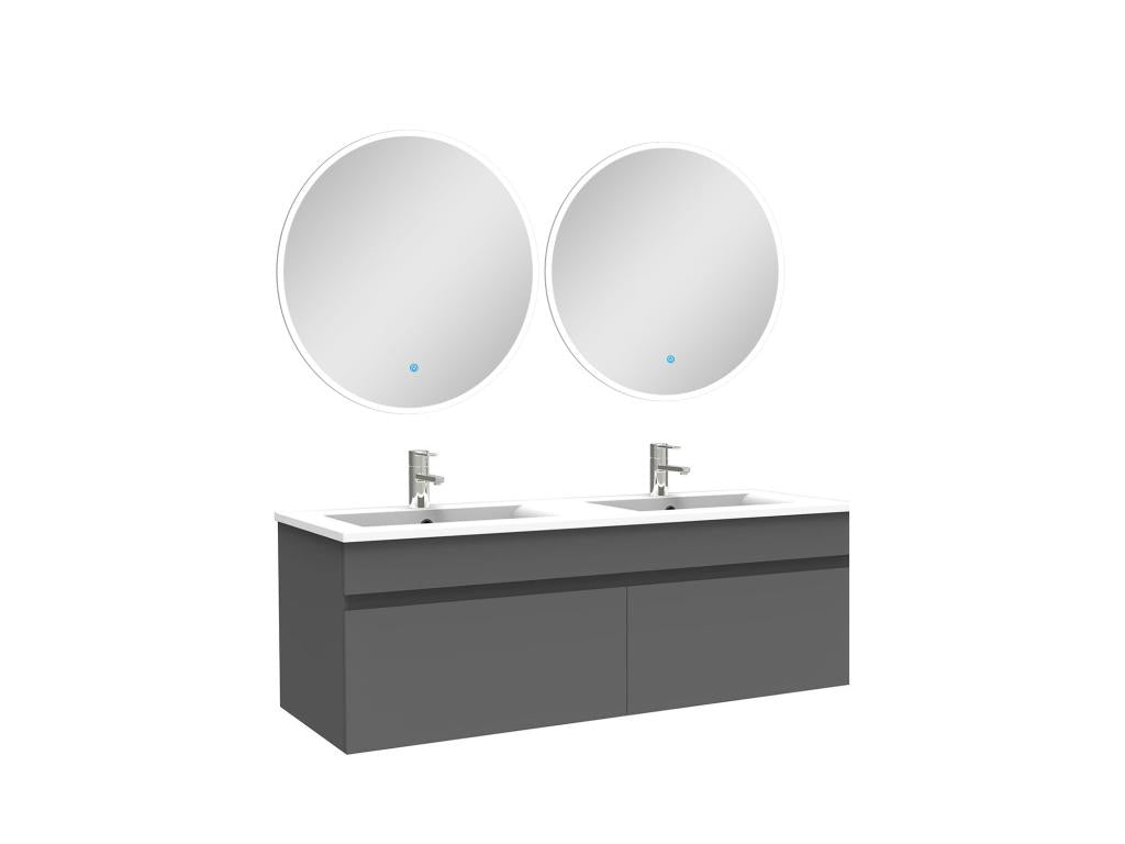 Ensemble meubles Salle de Bain double vasque 120cm miroir rond lumineux Anthracite KNQZ52984